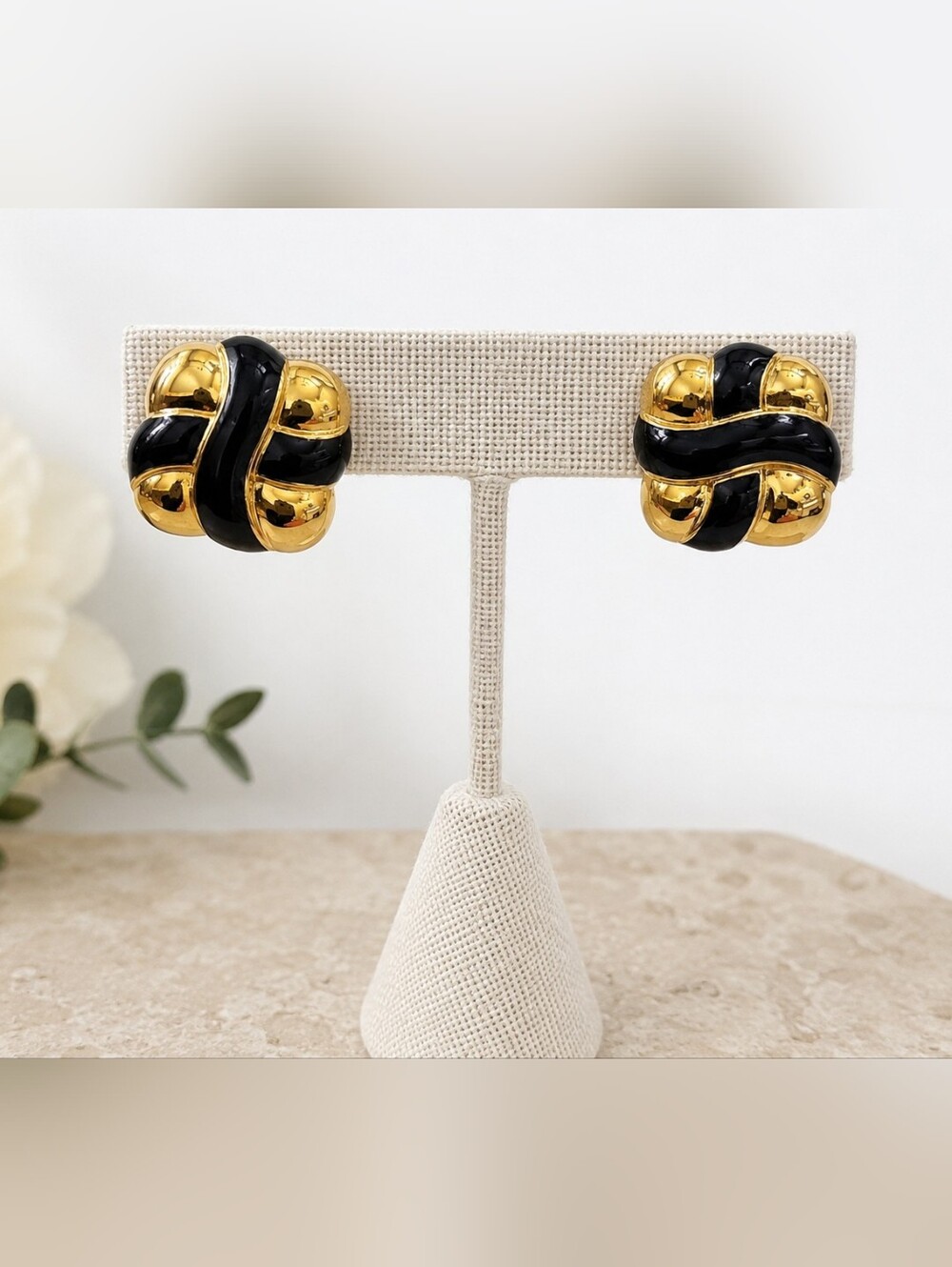 Vintage Monet Black Enamel Gold Tone Knot Clip-On Earrings 1.5" Signed